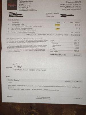 Repair bill receipt