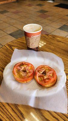 Bagel with Tomatoes and Cafe au Lait