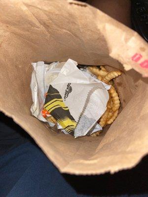 Fries were just all over , the bag for the fries was upside down before this picture