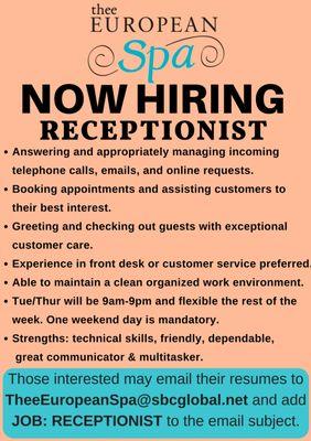 Help wanted - Receptionist www.TheeEuropeanSpa.com