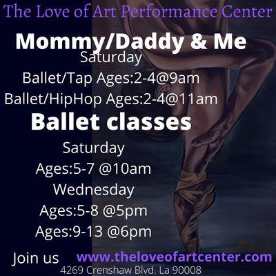 Ballet with Mommy or Daddy starting as young as 2. Independent class for ages 5-13 years of age