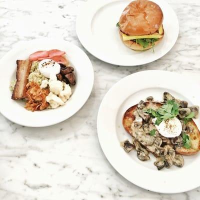 Pesto Bowl, Mushroom Toast, Bacon/Egg Breakfast Burger.