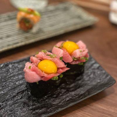 Negitoro Gunkan Maki quail egg, chopped bluefin belly, green onion