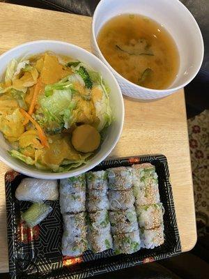 Lunch special at Daruma of Tokyo. Includes soup, salad and 2 sushi rolls