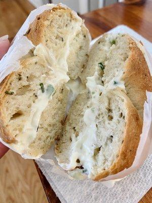 Rosemary bagel, toasted, with chive schmear