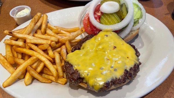 Cheeseburger with ltop. Pretty good. Good flavors but the meat could have had a little more seasoning