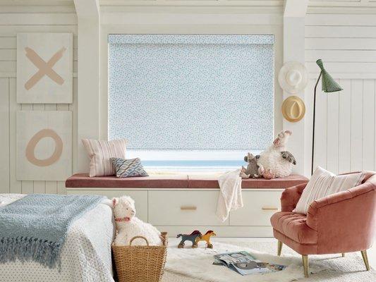 Custom Roller Shades - unique fabric collection from NY designer Rebecca Atwood. Fabric: Floral Stamp, Color: Green/Blue.