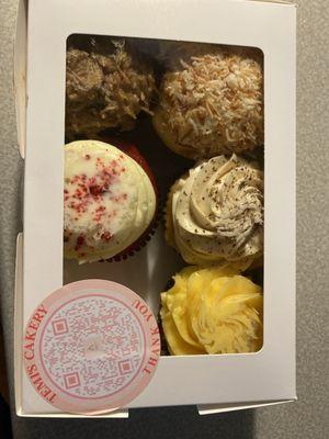 Coconut, Bailey's Irish Cream, Lemon, German Chocolate, Red Velvet Cupcake, & Pink Champagne Cupcakes.