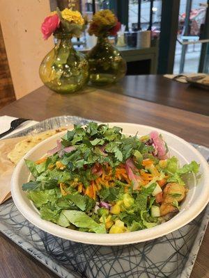 Veggie bowl. Great options. Chana, roast veggies, mint chutney, pickles