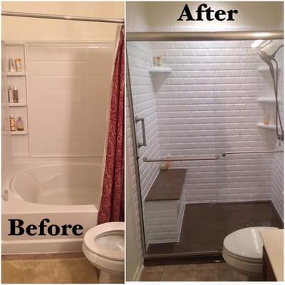 Rebath White Classic Subway wall system, Chestnut Custom Onyx Shower with bench seat & Brushed Nickel Shower Door