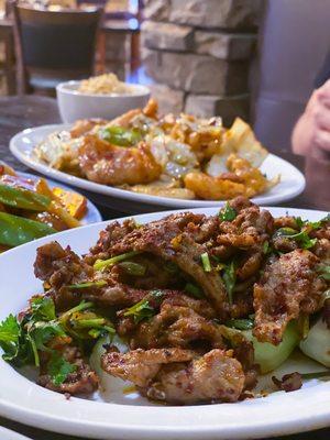 Cumin Beef in the foreground with bok choy (very good, spicy),  Twice-Cooked Fish (flounder) background - excellent!