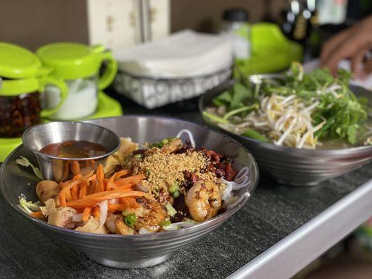 Combination noodle salad ( #18:meatball, pork, shrimp etc) and combination pho (#10)