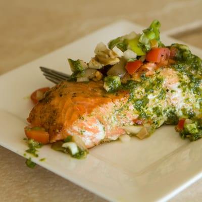 Jicama Salsa and Pesto over Local King Salmon