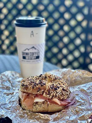 Lox Bagel Sandwich with Everything Bagel and Lg Americano