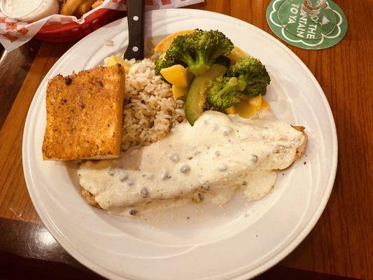 Grilled Halibut topped with Lemon-Caper Sauce