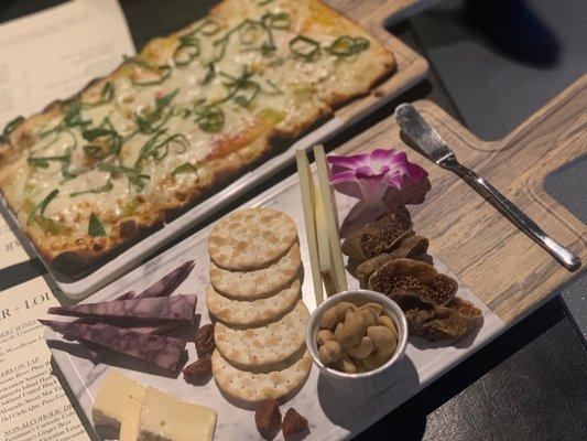 Tomato flatbread, cheese platter