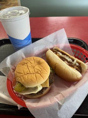 Cheeseburger (1/4 lb.) and Chili Sauce, Onions & Cheddar Cheese Hot Dog