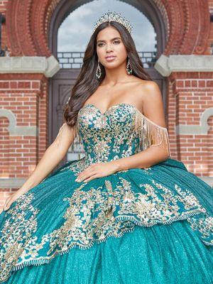 If you are looking for an over the top Sweet 15 Quince dress is sequin emerald dress is it! Shop Twilight to see this style and more.