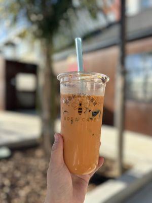 Thai Tea with half sweetness and grass jelly & boba