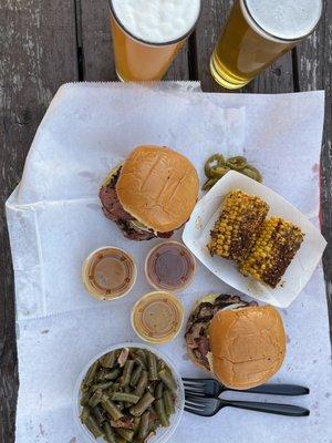 Green Beans, Brisket & Sausage Sandwich, Corn on Cob