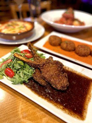 Costolette di Agnello: Breaded lamb chops, roasted fig puree, baby arugula and pomodorini.