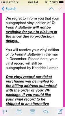 The actual vinyl was not autographed as promised in the e-mail.