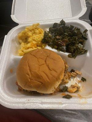 Pulled Pull Pork Combo with mac and cheese and collard greens.