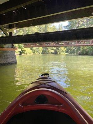 Heading under the bridge to Round Lake