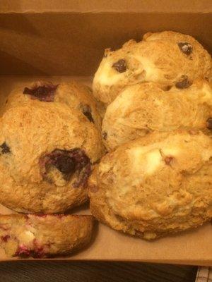 Berry cream cheese, raspberry, and chocolate chips scones. $2.95 each.