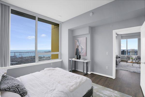 Bedroom with view into living area