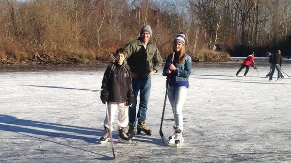 Dr Nash and his kids Stirling and Culzean at UW Arboretum Foster Island playing hockey.