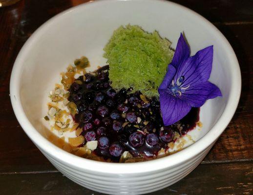 Sweet Corn Panna Cotta with Maine Blueberry Compote, Basil Micro Cake, and Pepita Brittle