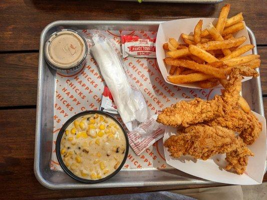 Happy Chick - 3 Crispy Chicken Tenders with a Happy Sauce of your choice, Fire Roasted Creamed Corn and Fries