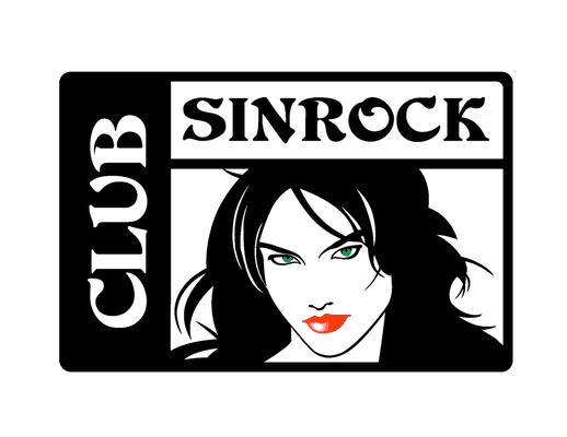 The Club SinRock Logo
A beautiful woman with long dark hair, with vibrant red lips and green eyes. The words "Club SinRock" above the model