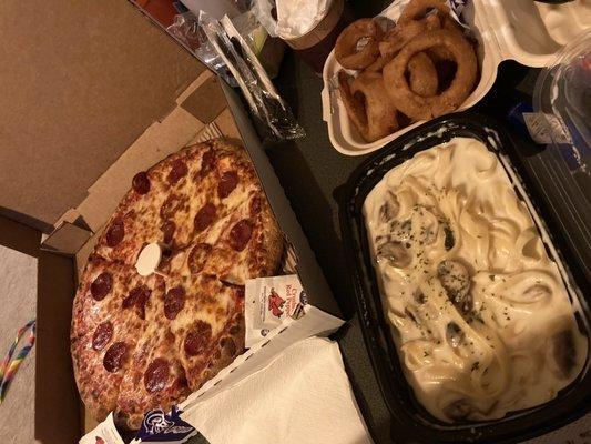 Pepperoni pizza, Onion Rings & Fettuccine Alfredo