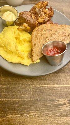 Scramble, Breakfast Potatoes and toast