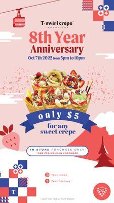 It's our Anniversary! All sweet crepes for $5 ONLY!