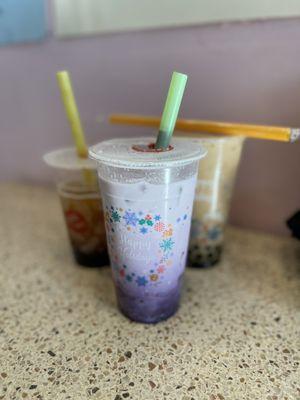 Honey Black Tea, Ube Fresh Milk, House Milk Tea (left to right)