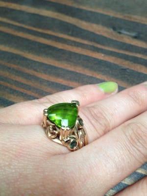 Custom Peridot , green sapphire and gold ring