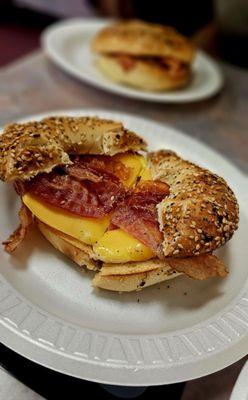 Bacon egg and cheese on an Everything Bagel