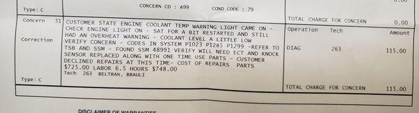 "Customer concern" completely leaving out my request for CHT sensor replacement. Quote for repairs.