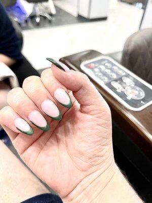 Deep French tips almond shape in forest green