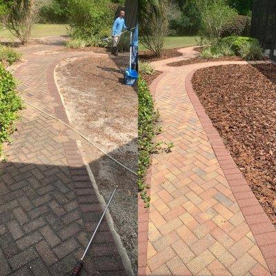 before and after 
pressure wash pavers and mulch install