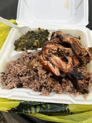 Jerk Chicken w/ rice and beans and greens