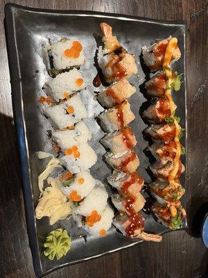 Salmon Skin Roll, Tidal Wave Roll, and Lion King Roll