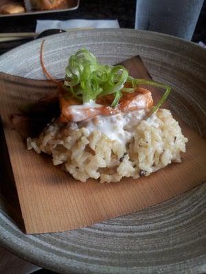 salmon on cedar wood with cheese risotto