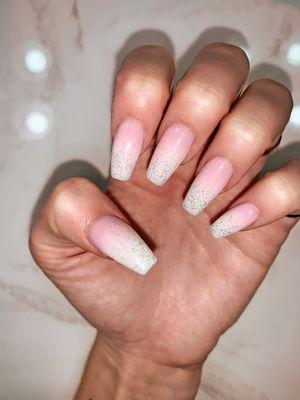 Pink to white ombré acrylic full set with sparkles