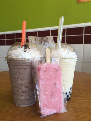 Cookies and cream, strawberry paleta and pina colada smoothie with boba