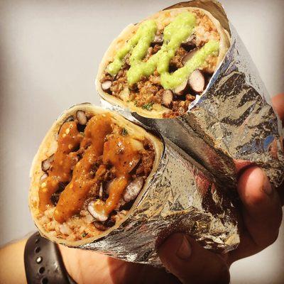 Asada burrito. Come with red rice, black beans, choice of meat, onions cilantro and salsa. Simple and delicious!