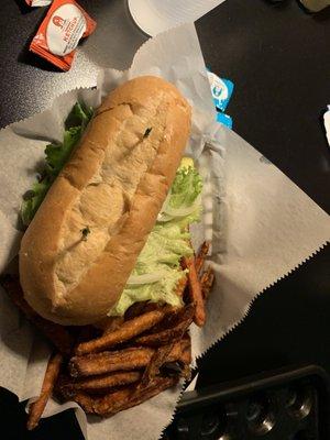 Fish sandwich with sweet potato fries